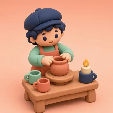 Een maker draait een klei-vaas op een draaischijf naast een smartphone met haar shop.