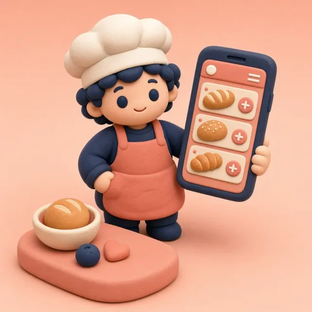 Klei-figuur van een bakker met een telefoon waarop broden staan.