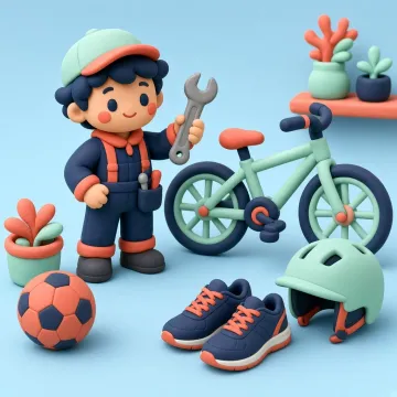 Een fietsenmaker met een moersleutel naast een fiets en een laptop met zijn webshop.