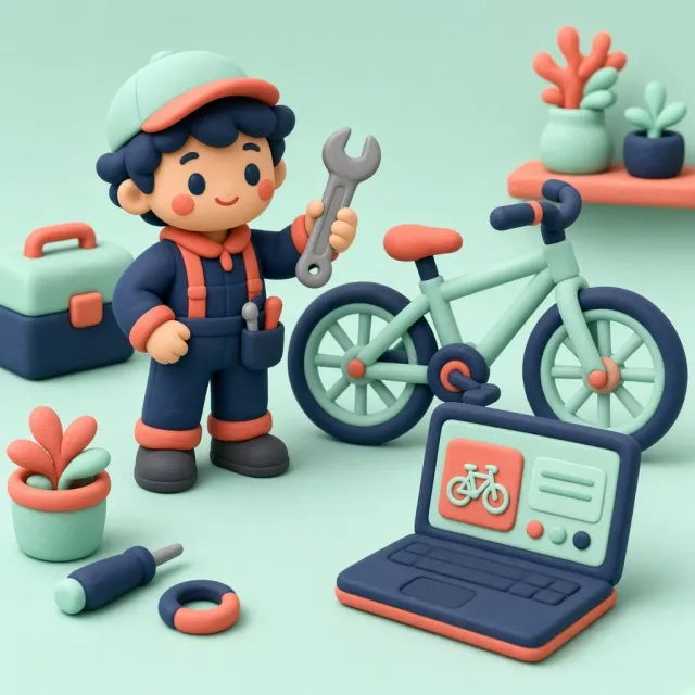 Klei-figuur van een fietsenmaker naast een fiets en een laptop.