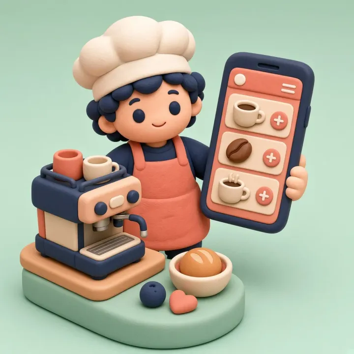 Een kok geeft een afhaalzak mee terwijl een smartphone de bestelling toont.
