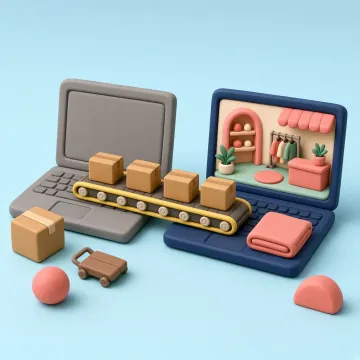 Een klei-verhuisdoos met producten rolt van een oude laptop naar een nieuwe laptop met een Shopify-winkeltas.