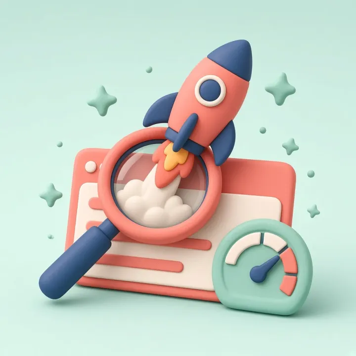 Een klei-vergrootglas boven een webshop op een laptop, met een mint pijl omhoog.