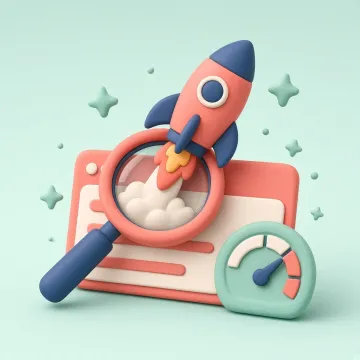 Een klei-vergrootglas boven een webshop op een laptop, met een mint pijl omhoog.