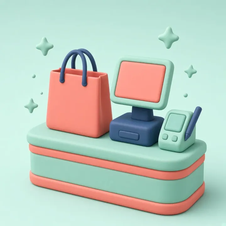 Een winkelier rekent af met een tablet op de toonbank terwijl een laptop dezelfde shop toont.