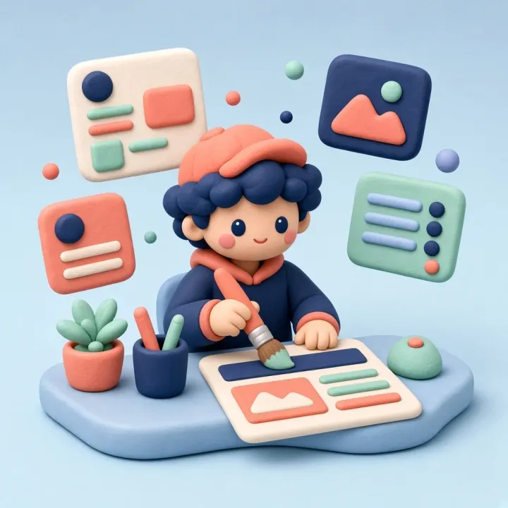Een klei-figuurtje schildert een webshop op een laptop in koraal en mint.