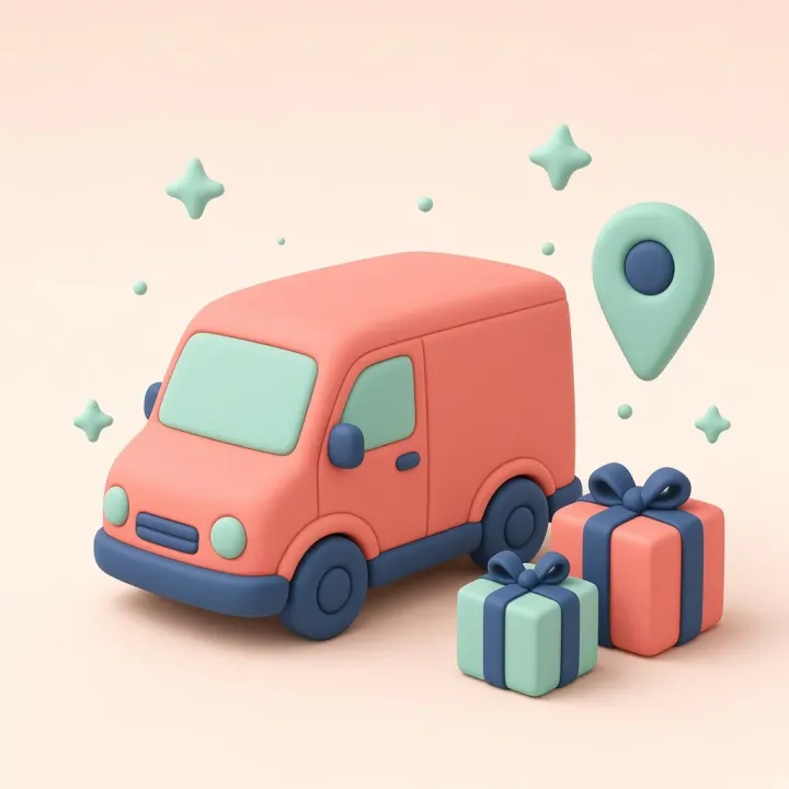 Een klei-pakje met een koraal lint op een kleine bestelwagen.
