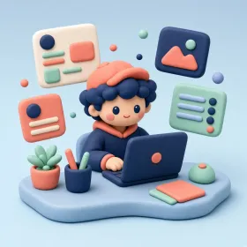 Klei-figuur aan een laptop, omringd door schermen van een webshop.