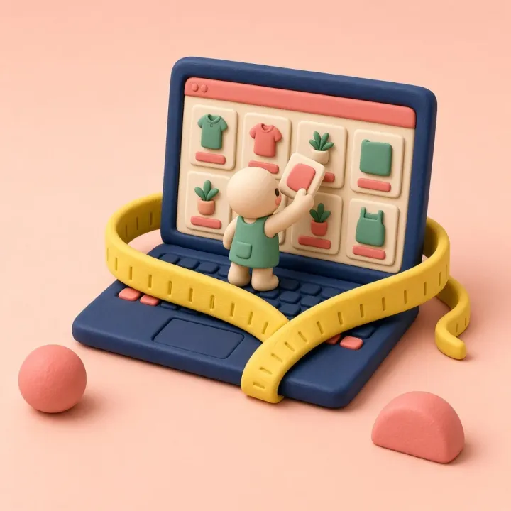 Een klei-figuurtje vinkt instellingen af op een groot scherm met een winkeltas erop.